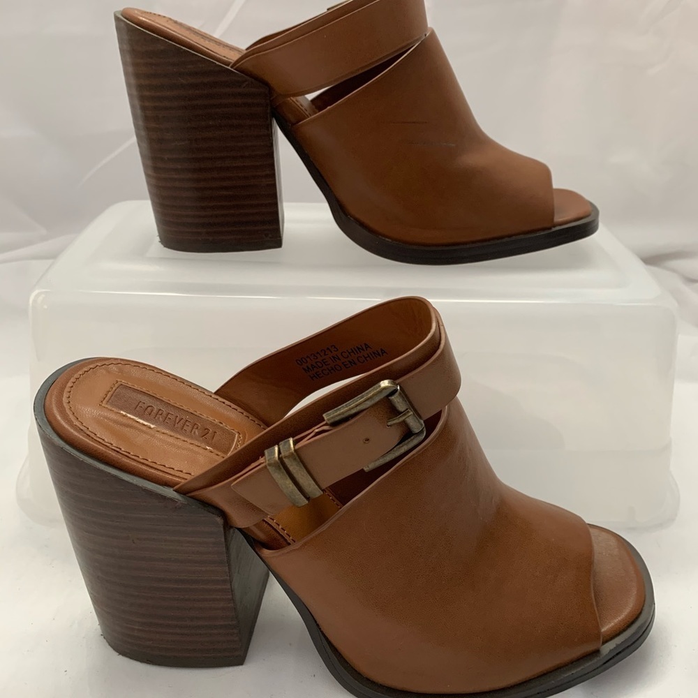 Forever 21 Cognac Peep Toe Leather Mules - Picture 4 of 10